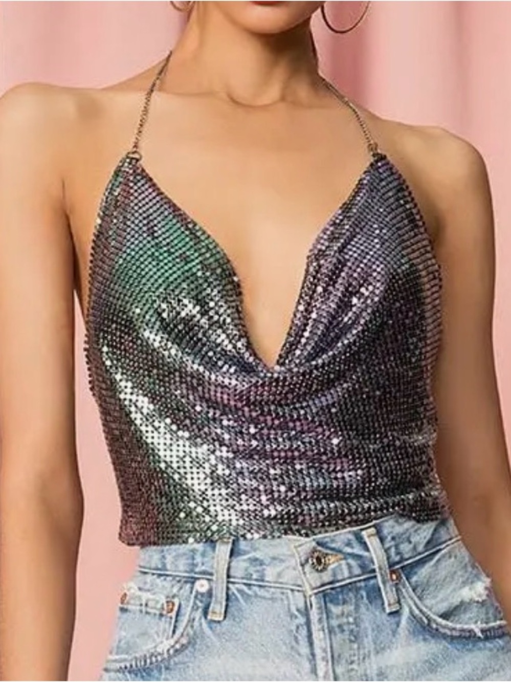 Metallic Sequin Chain Halter Drape Crop Top - Iridescent